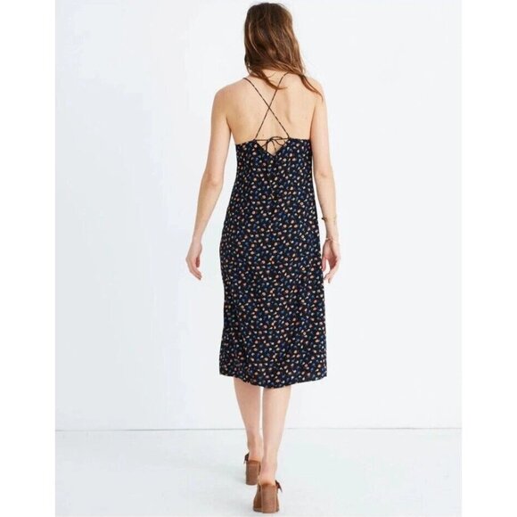 Madewell Midi Dress Womens 12 Black Floral Tie Back Slip Prairie Posies Sundress - Picture 3 of 13